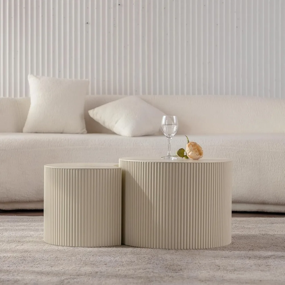 Набор журнальных столиков в бежевую полоску с волнистыми полосками, современные деревянные круглые акцентные столы в стиле барабана для гостиной