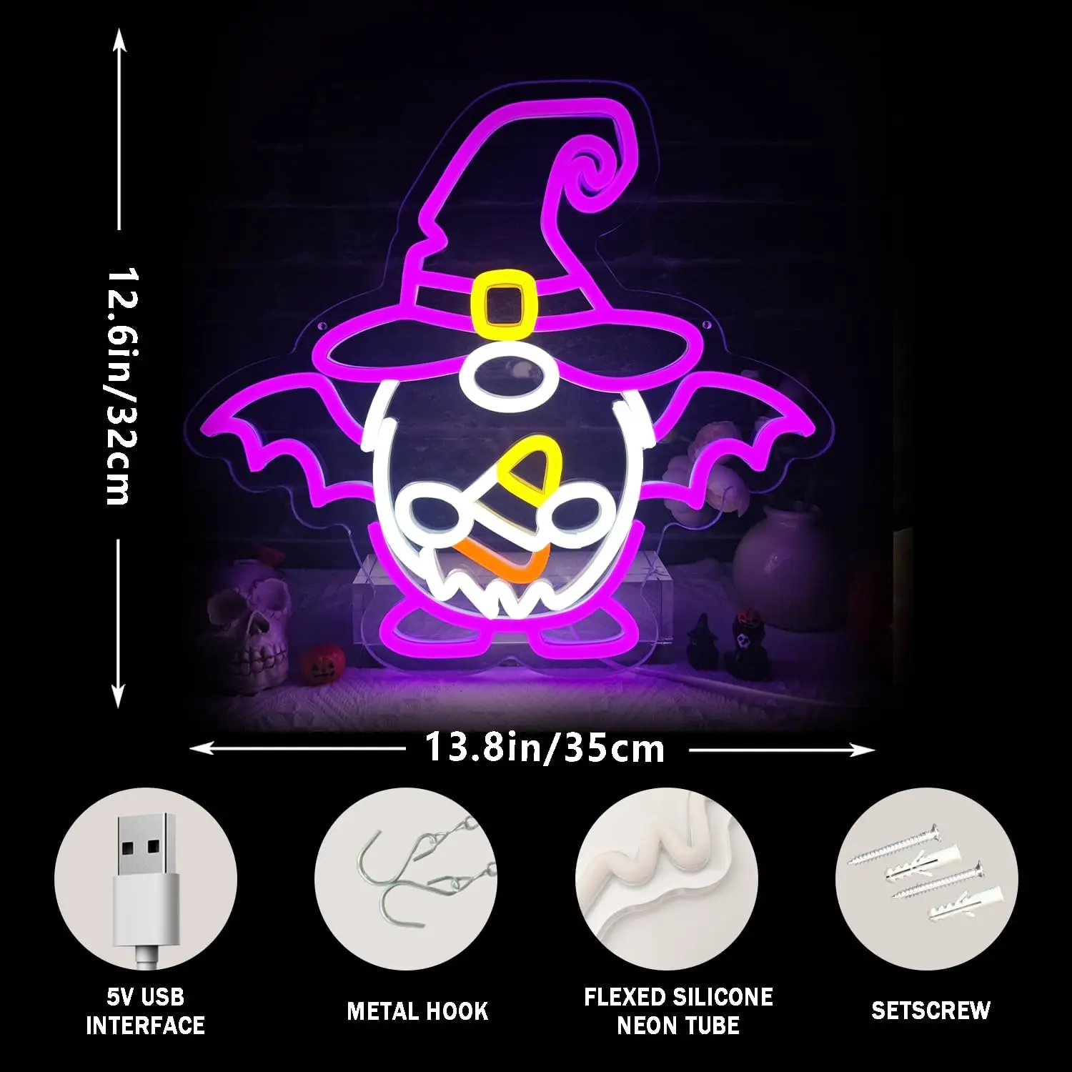 ป้ายไฟนีออนรูปคนแคระฮาโลวีน ไฟนีออน LED หรี่แสงได้แบบ USB สำหรับตกแต่งผนังบาร์ เตียงนอน ห้องพักผู้ชาย โรงแรม ร้านค้า ห้องเล่นเกม งานปาร์ตี้