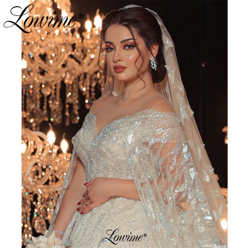 Lowime Ball Gown Muslim Wedding Dresses 2023 Cape Sleeves Long Robe De Mariee Sequins Beaded Arabic Glitter Vestido De Novia