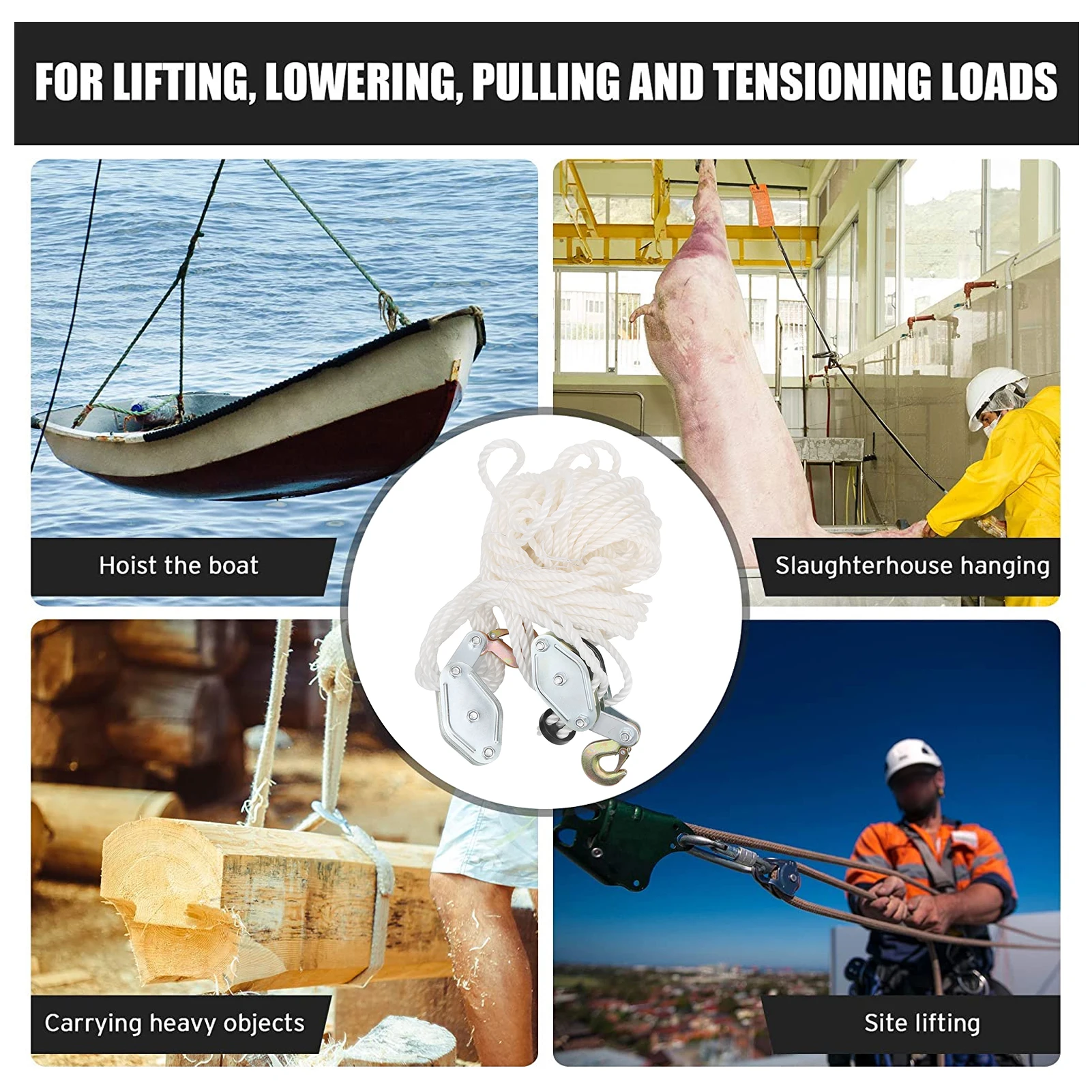 Multi-Rope Lifting Pulley Block Can Bear Up To 4000 Lbs 2 Tons Weight 65 Feet Rope Heavy Duty Industrial Lifting Equipment Tool