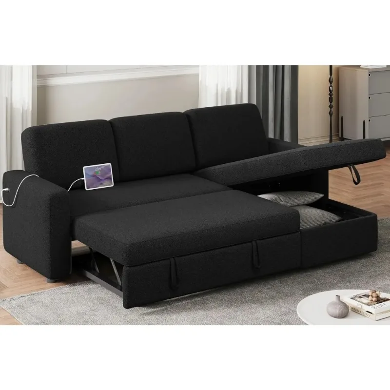 Built-up sofa and USB, reversible sofa sleeper with pull-out bed and storage space, 4 seat fabric convertible sofa