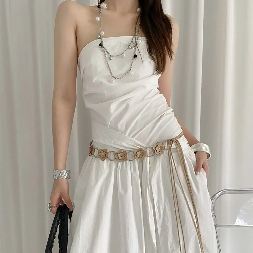 핫 더블 스몰 플라워 PU 가죽 벨트, 속이 빈 원형 링, 조절 가능한 스트랩 허리띠, 빈티지 허리 로프, 여성용