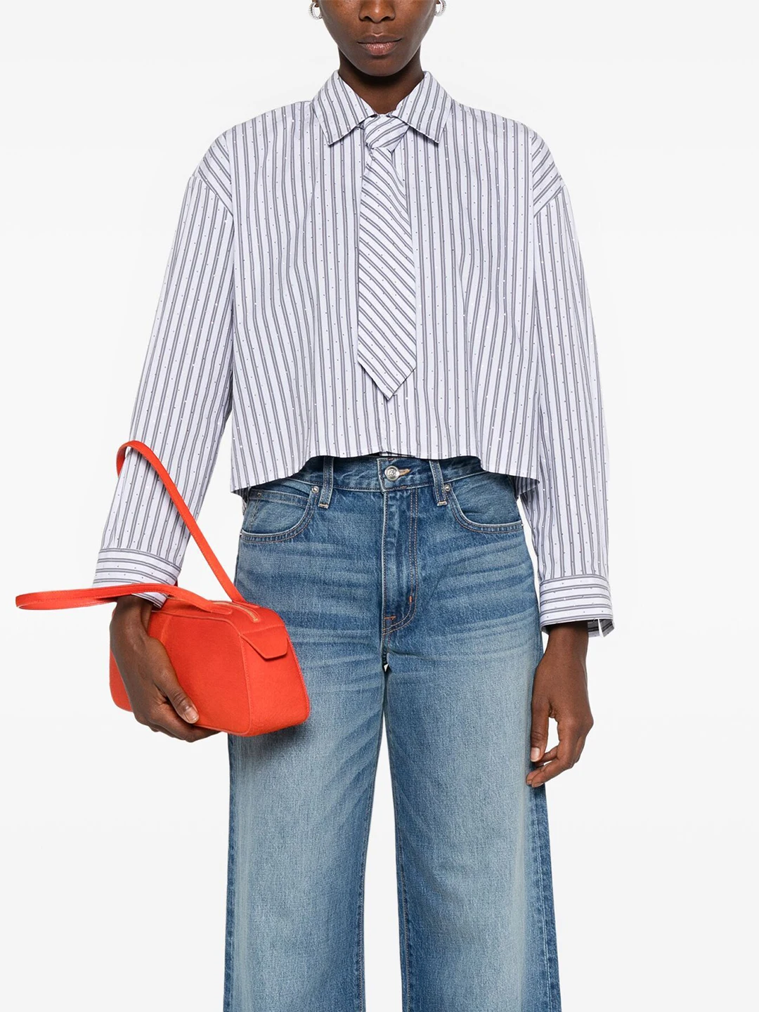 

ort oulder Drop Color Collar Tie irt Diamond Decorated Vertical Stripes OL Sle Straight Cut Long Sve Breathable Sk...