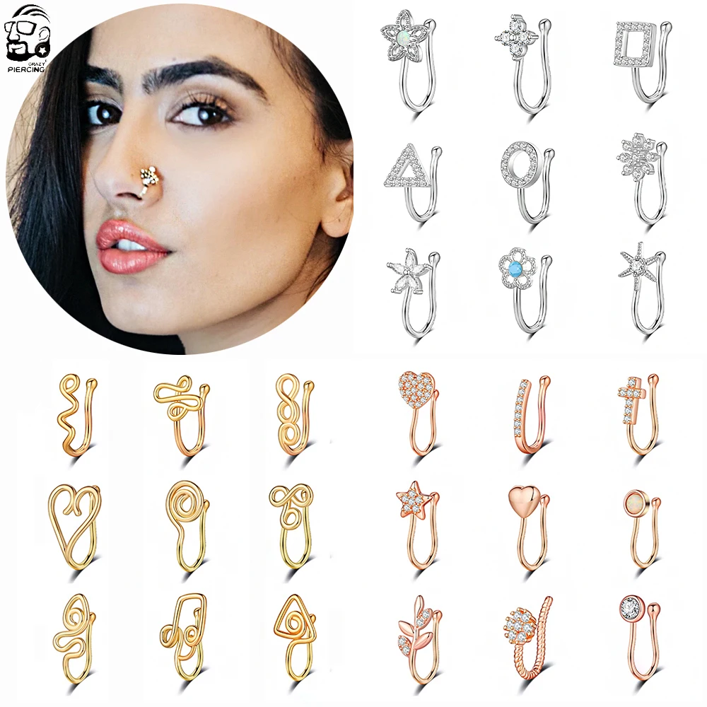9/12pcs Fake Nose Rings Set Steel Gold Color Faux Body Jewelry Piercing Lot Heart Butterfly Fake Helix Tragus Ear Clip Cuff Bulk