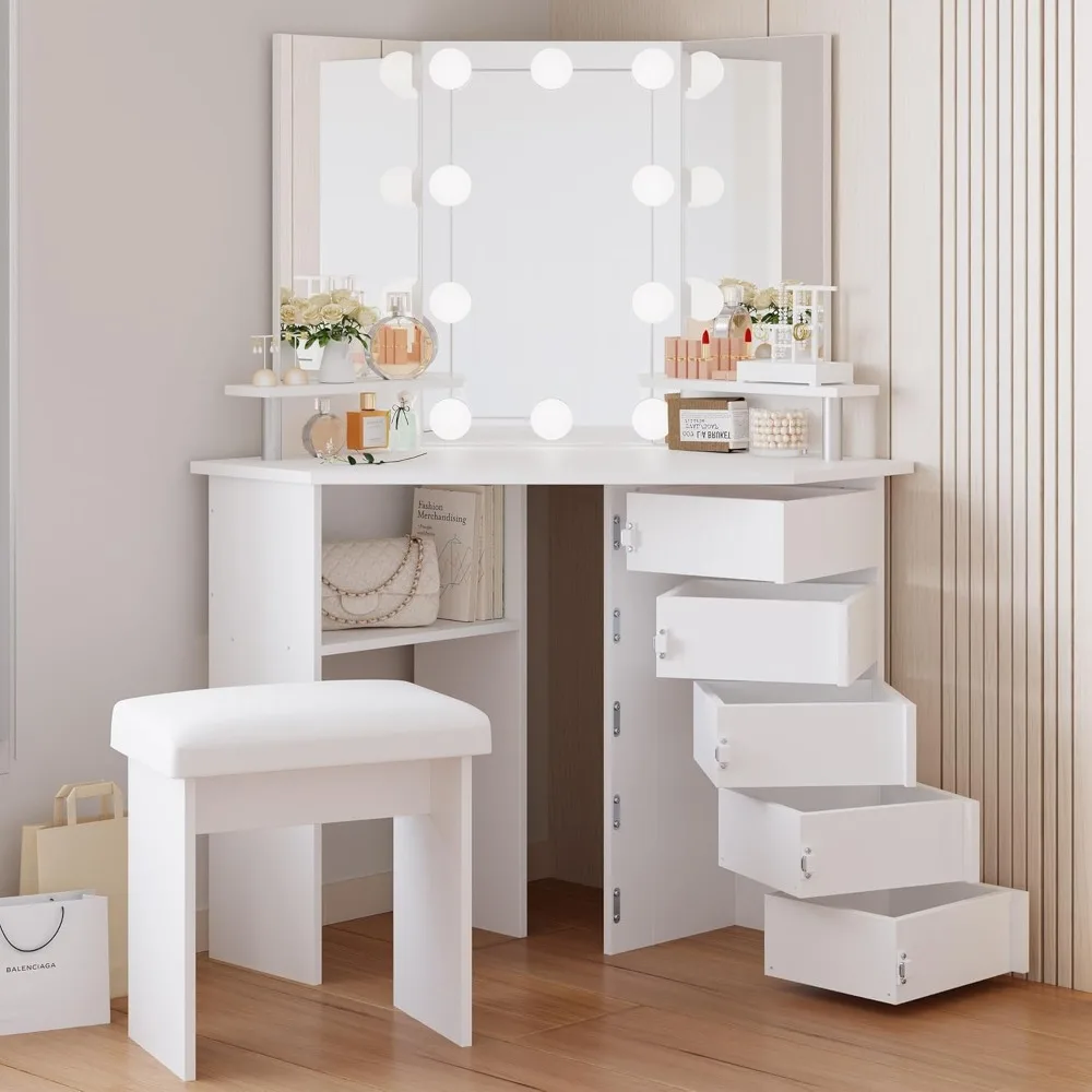 

Vanity Desk with Mirror and Lights, Corner Makeup Vanity with 5 Rotating Drawer & Stool & Storage Shelves, 3 Color Modes