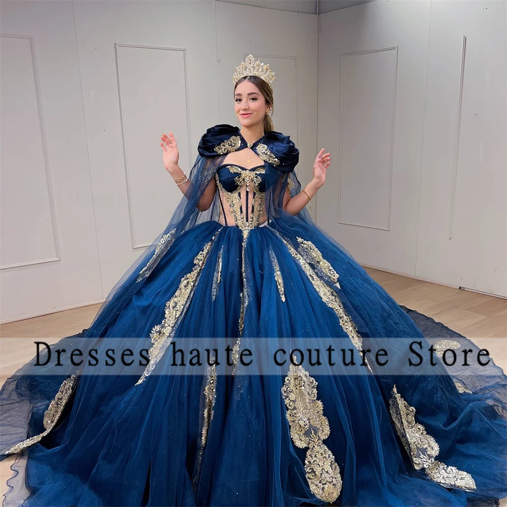 Vestidos De quinceañera azul real De México vestido De baile 2025 con capa apliques dorados rebordear dulce 16 vestido con cordones Vestidos De 15 Años