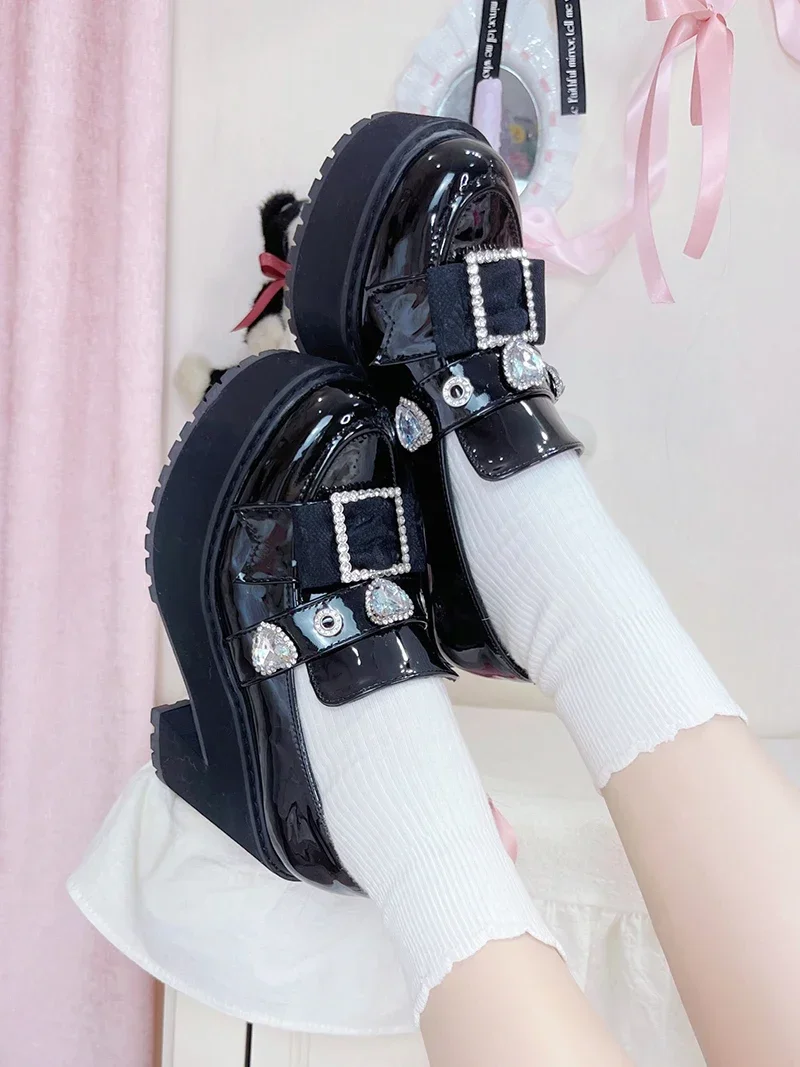 Original Mine Style Platform Shoes Women's Subculture Japanese Lolita High Heels Ladies Love Rhinestone Black Leather Shoes