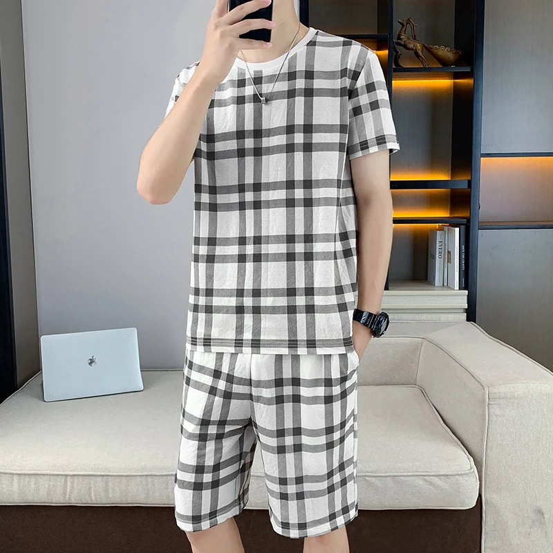 

2025 Summer Two Piece Set Breathable T-shirts Sets for Men Trendy Loose Casual Round Neck T-shirt+shorts Social Street Wear