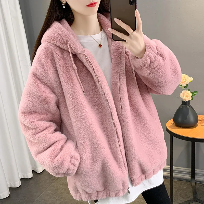 

2025 Winter Faux Rabbit Fur Women's Mid-Length Oversized Thickened Shearling Coat with Hooded Plush Jacket