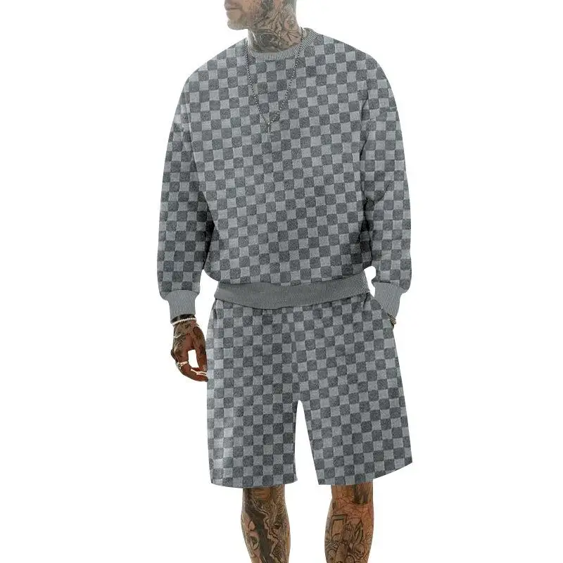 

Men's round Neck Shirt And Long Swed Shorts Set Casual Sportswear Seven Sleeve Length Short Pants Autumn Season Fashion