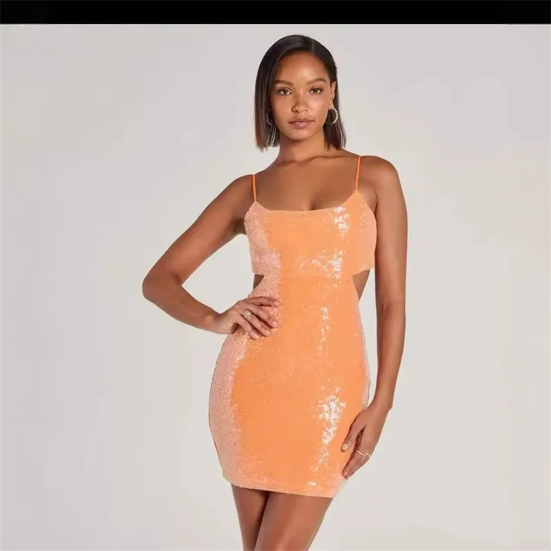 Orange Sequins Evening Dress Sexy Strap Sleeveless Holiday Formal Casual Short Mini Prom Party Dress Robe De Mariée In Stock