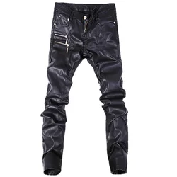 Gran oferta, pantalones de cuero a la moda para hombre, pantalones vaqueros ajustados ajustados, pantalones de motocicleta talla 28-36 B104