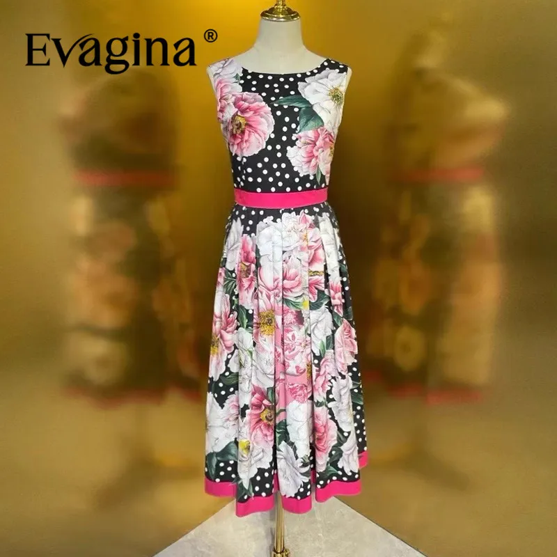

Evagina Fashion Design New Women's Wear Pure Cotton Peony Printed Wave Dot Sleeveless Artistic Retro Style Elegant Dress