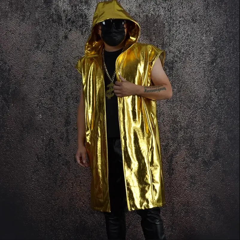 Spring Men's Fashion Gold PU Hooded Stage Jacket Splice Leather Coats Nightclub Trend Hip Hop New Male Singer Slim Outerwear