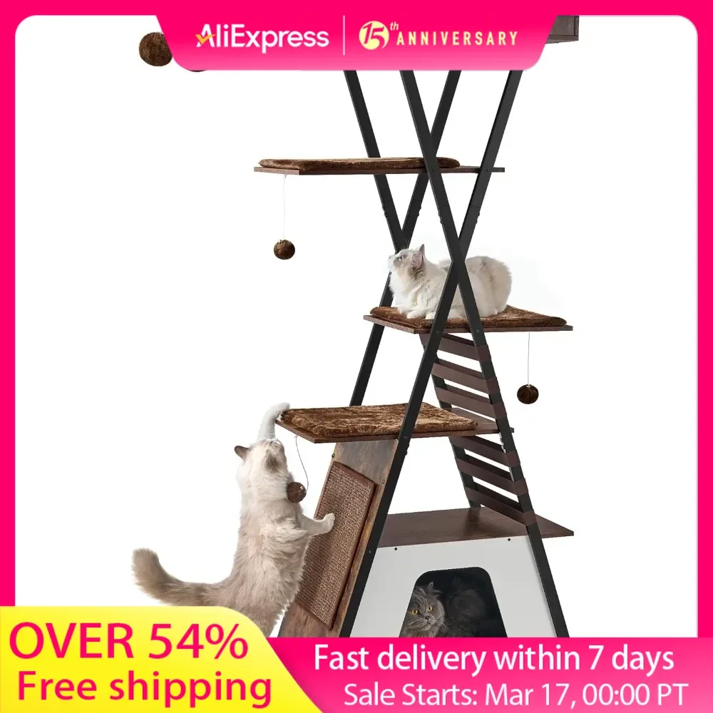 Cat Tree, Cat Tower for Indoor Cats, Multi-Level Cat Condo with Caves, Cat Tree with Cat Scratching Board, Wooden Cat Tower