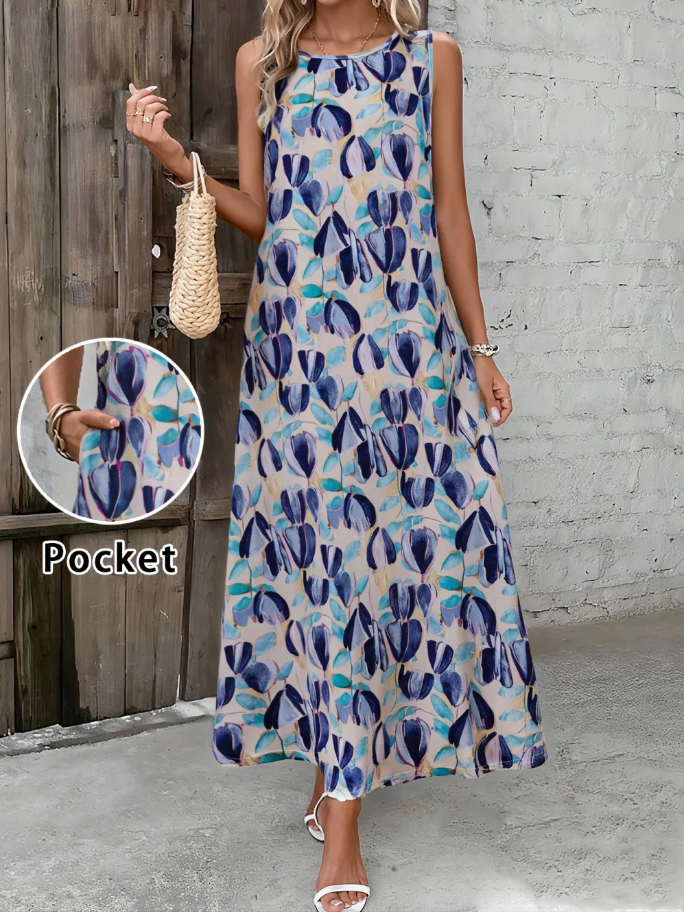 

Elegant Women's Dresses Summer Sleeveless Flowers Printed Round Neck Dresses Tops Outdoor Street Fashion Quick-Dry Woman Clothes
