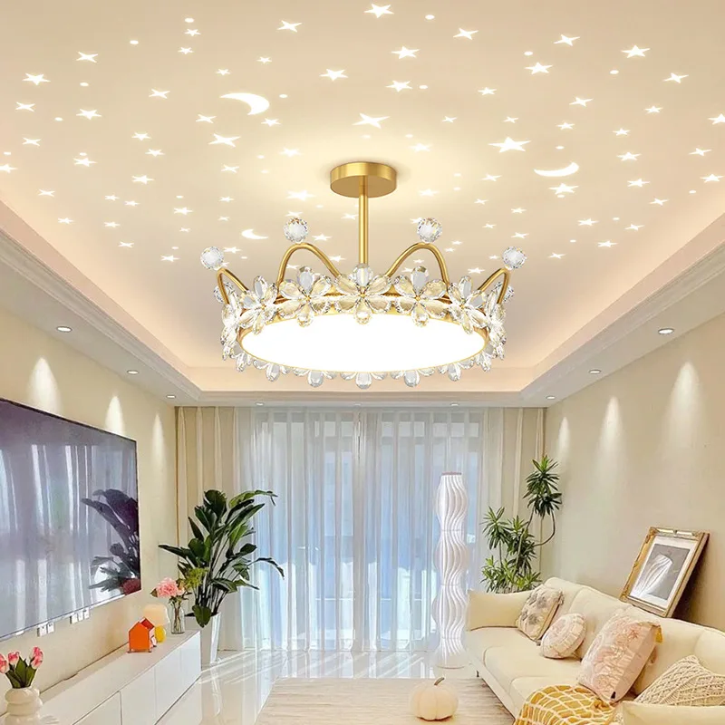 Crystal Crown Ceiling Lights Starry Sky Projector Light Scandinavian Luxury Boys Girls Bedroom Living Room Decor Ceiling Lamps