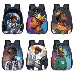 12 inches Afro Black Boy with Crown Backpack for kids Black King Doctor Astronaut Pilot Rucksack School Bag Daypack Book Bag