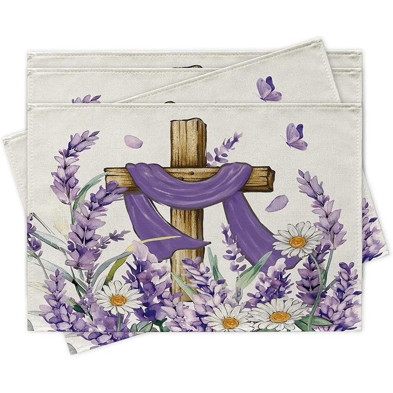 1PC Easter Cross Placemats Decor Easter Religious Cross Flower Placemats, Lavender and Daisy Floral Faith Table Decor