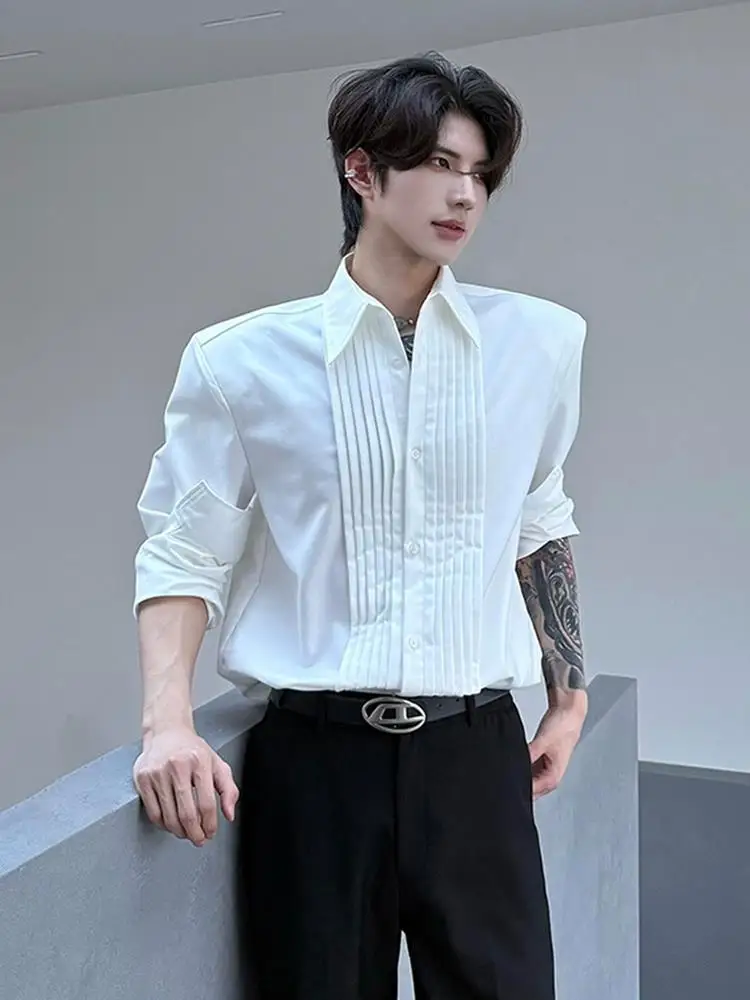 

Retro Pleated Design Shoulder Pad Long Sleeve Men's Shirt Spring Autumn High End Feel Stand Collar Court Style Open Cardigan ...