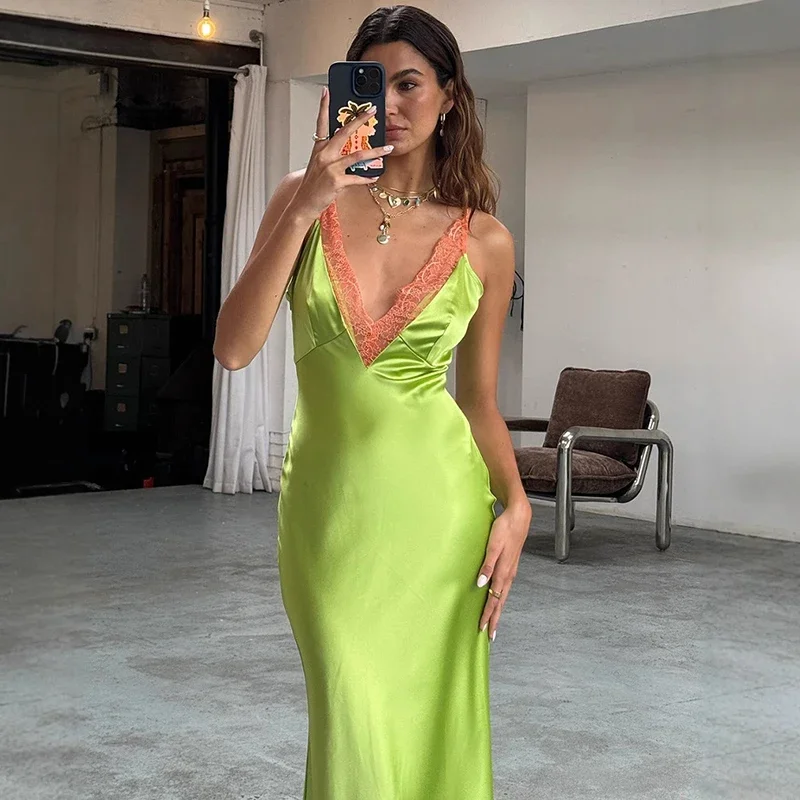 Lace Splice Sexy Spaghetti Strap Dress Women's Deep V neck Bodycon Elegant Summer Vacation Party Dress Satin Lady Dress