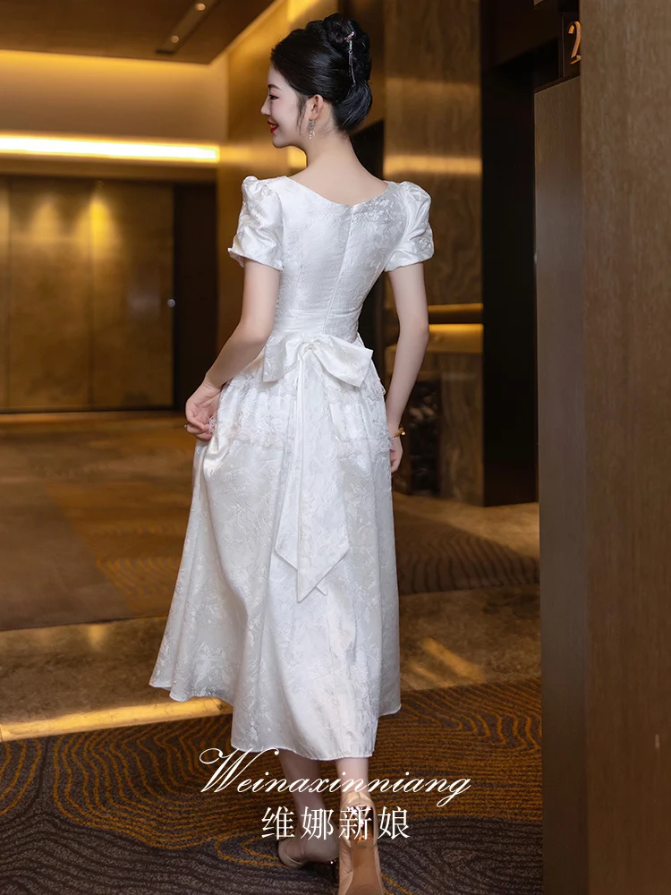 

Korean Sle Square Collar Wedding Dr Women's Long Evening Gown ort Sve Slim Fit aduation Dr Daily Wear White Dr