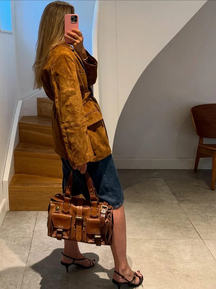 

Casual Lace Up Suede Jacket Women Fashion Lapel Long Sleeve Single-breasted Pockets Slim Coat Autumn Lady Daily Commuter Outwear