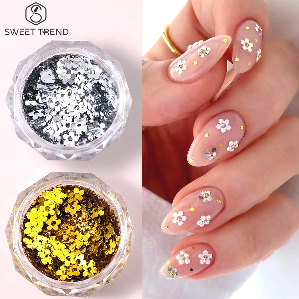 SWEET TREND - 2 Boîtes de Paillettes Dorées et Argentées pour Ongles, Paillettes en Forme de Fleurs, Pétales de Fleurs Printanières, Paillettes en Flocons pour Ongles, Charmes, Accessoires de Manucure