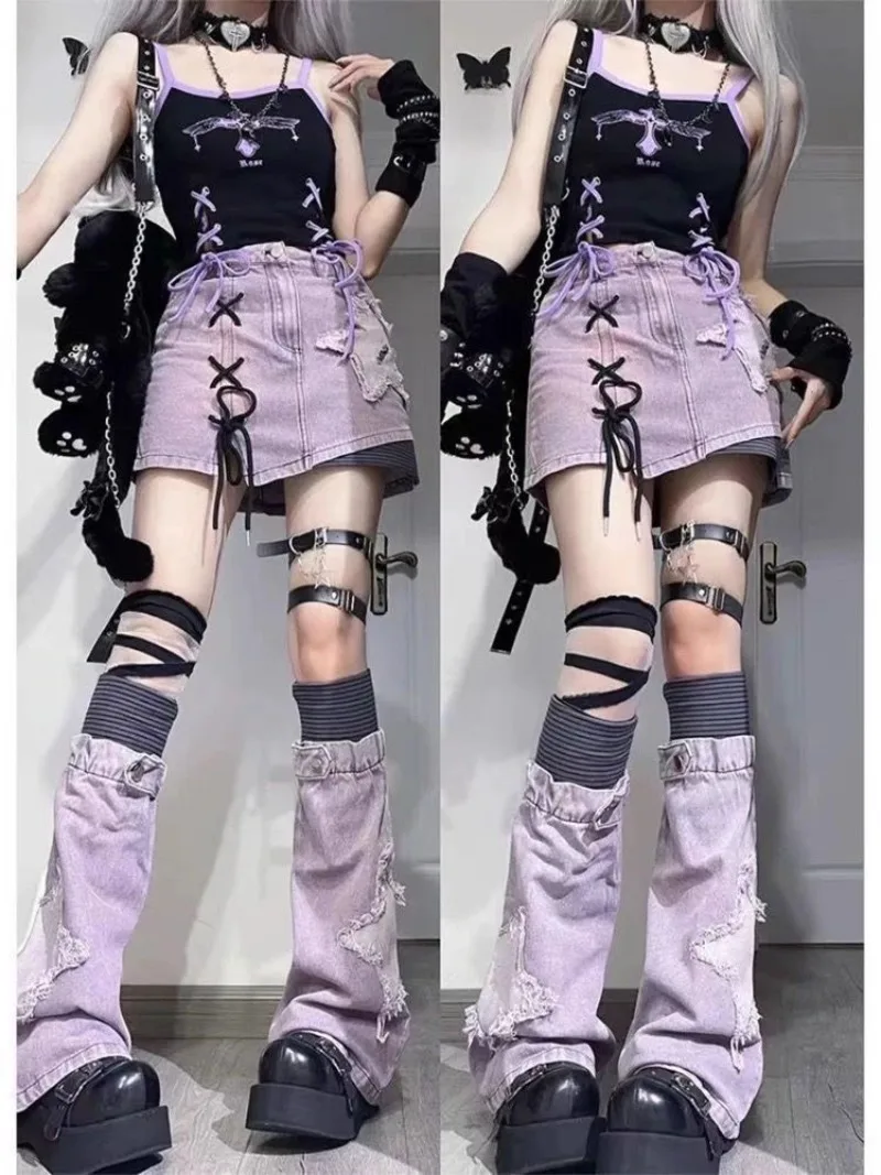 Purple Star American Sweet Cool Leg Warmers Y2k Subculture Soft Embroidered Sticker Denim Original Punk Style Slim Fit Leg Cover
