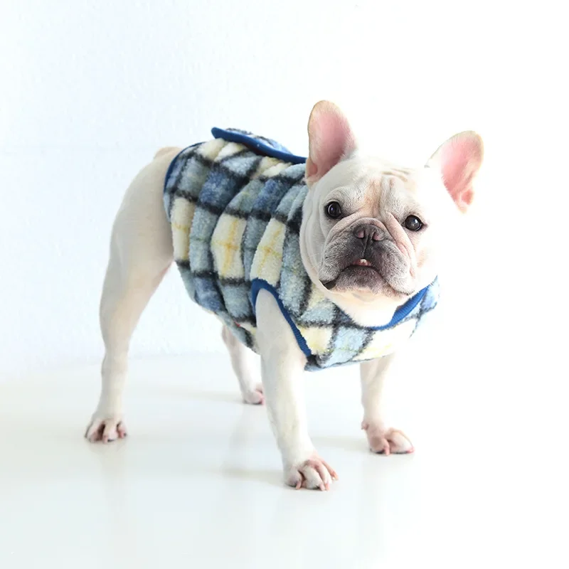 French Dou Orange Blue Plaid Vest Japanese Double Layer Fat Dog Clothes Corgi Ying Dou Pugo Dog Vest Pet Clothes