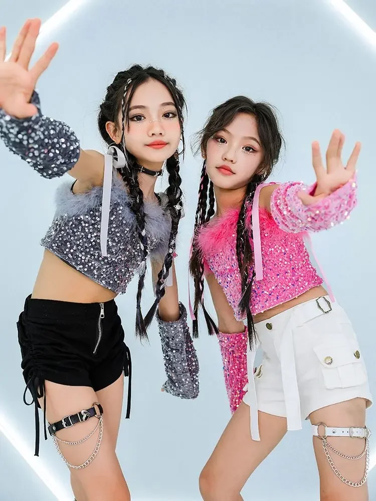 

Pink Sequin Jazz Costume Girls Hip Hop Stage Outfit Black White Shorts Kpop Kid Glitter Fashion Clothes Dancing Performance Suit