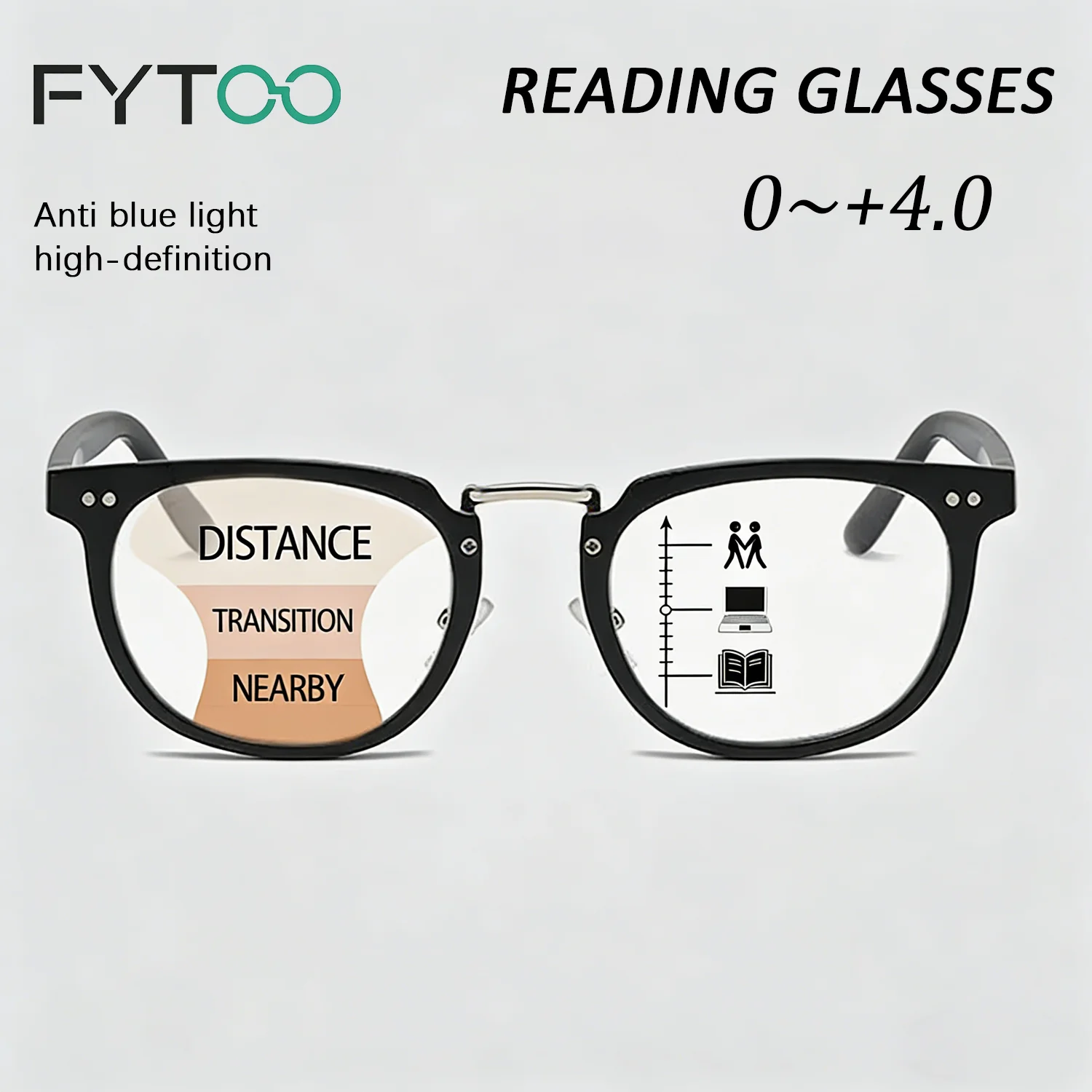 

Fytoo Black Round Progressive Multifocal Reading Glasses Men's Fashion Presbyopic Eyeglasses 8730LH
