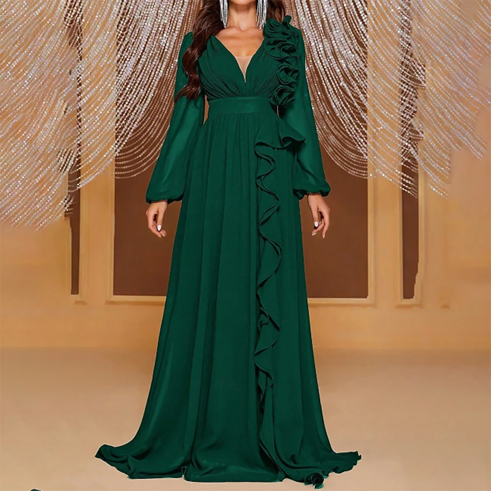 

2025 V-Neck Ruffled Evening Dress A-Line 3D Floral Gown Tie Waist Long Sleeve Wedding Guest Party Dresses for Women