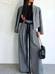 Clacive Fashion Loose Gray Office Trousers Sets For Women 2 Piece 2025 Elegant Long Sleeve Blazer With High Waist Wide Pants Set