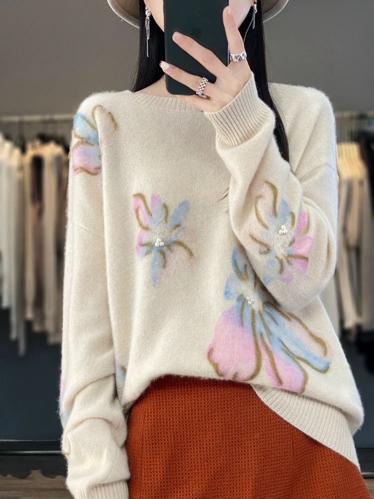 Yoyoselect New Autumn Winter Women 100% Merino Wool Pullover O-Neck Casual Sweater Pearl Flower Knitwear Korean Loose Clothing