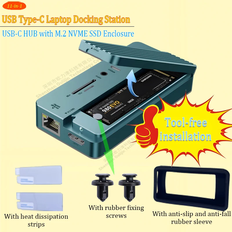M.2 NVMe SSD Enclosure with USB C Hub 4K HDMI,RJ45,Multi USB,100W charging,Micro SD,3.5mm jack,11-in-1 Laptop Dock for MacBook