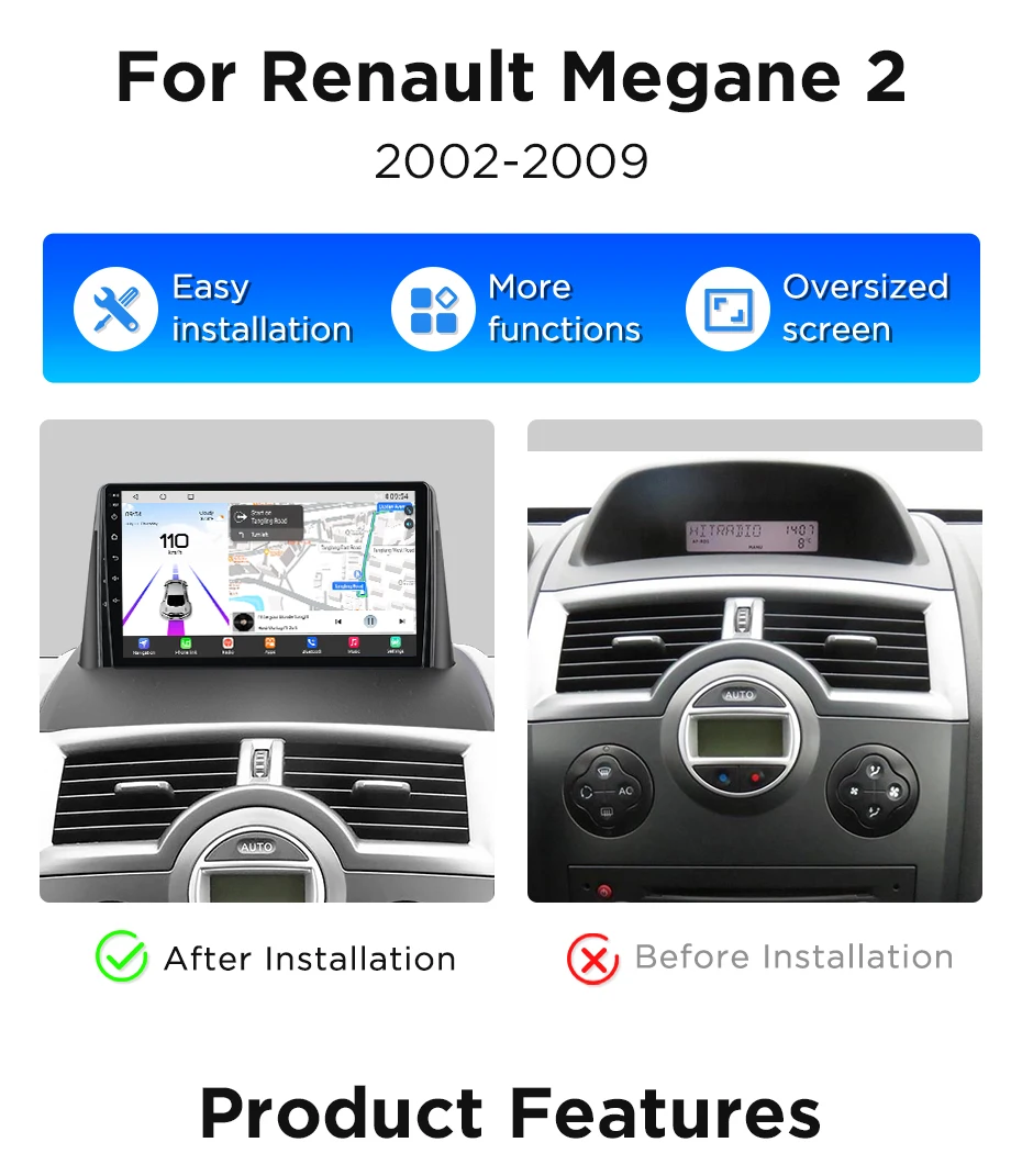Junsun 8-Core 360 ° Kamera Auto Radio Für Renault Megane 2 2002-2009 Drahtlose CarPlay Bildschirm Android Auto Stereo GPS Navi RDS WIFI – Detail 2