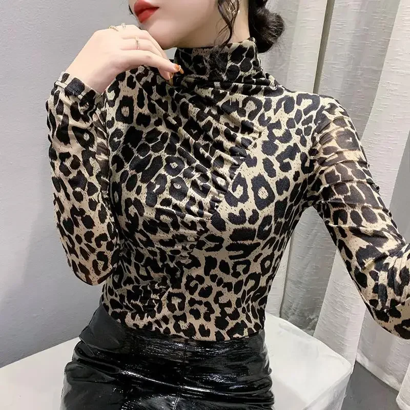 Women's Long Sleeve Polo/Turtle Neck Base Layer Top Leopard Slip Mesh Top Coat Sendai Clothing China Mainland Origin