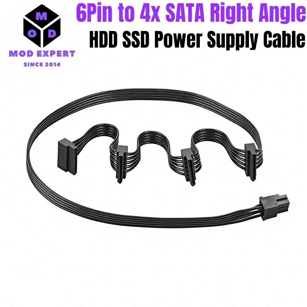 

6Pin to 4x SATA Right Angled, HDD SSD SATA Power Cable for Corsair SF750, SF600, SF450 Type 4 Modular Power, 50+15+15+15CM 18AWG