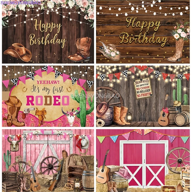 

Cowgirl Party Birthday Photography Backdrops Wooden Western Baby Shower Banner My First Rodeo Photo Studio Background CG-01