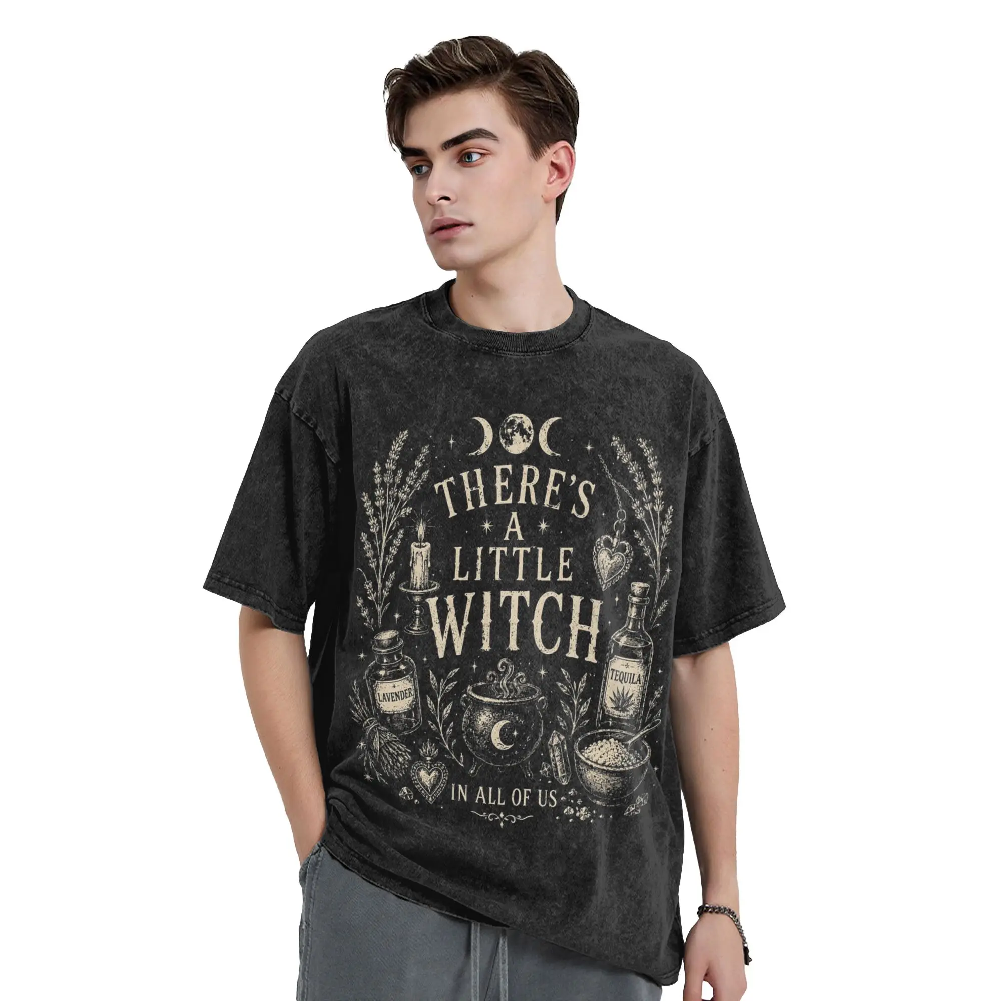 Washed T Shirts Practical Magics There's a Little Witch In All of Us T-Shirt Harajuku Streetwear Cotton Tee Shirt for Men
