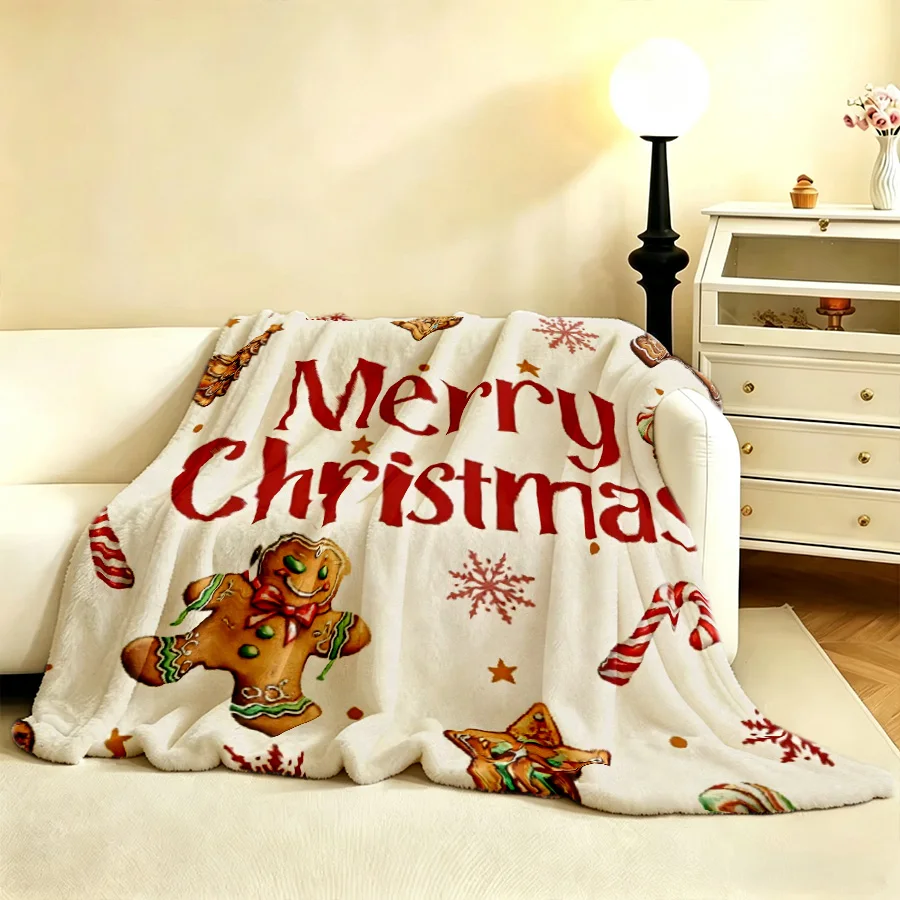 Christmas Gingerbread Man Candy Print Flannel Throw Blanket, Distinctive 2D Flat Single-Sided Printed Holiday Blanket