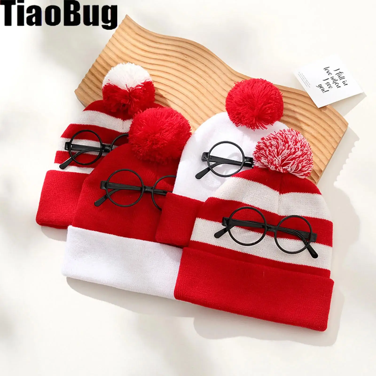 

Women Men Christmas Hat Knitted Plush Ball Hat And Glasses Frame Santa Knitted Beanie Hat for Adults