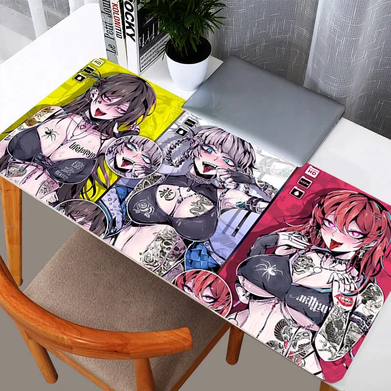 Gaming Mouse Pad, Large Desk Mat, Anti-slip Rubber, Stitched Edges, Tattooed Anime Girls Collage Art Print, Extended Office Mat
