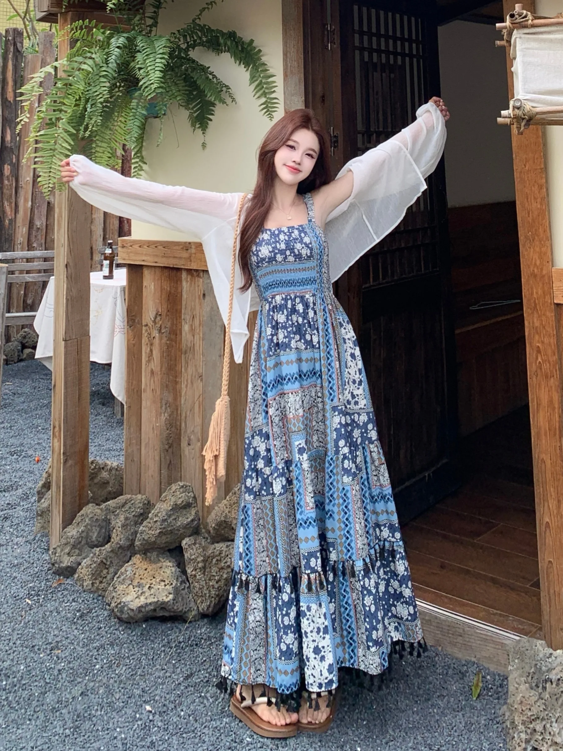 

plus Size Floral Print off Shoulder Dress Bohemian Style Long Skirt Set Sweet High Waist A-Line Gown for Plump Women