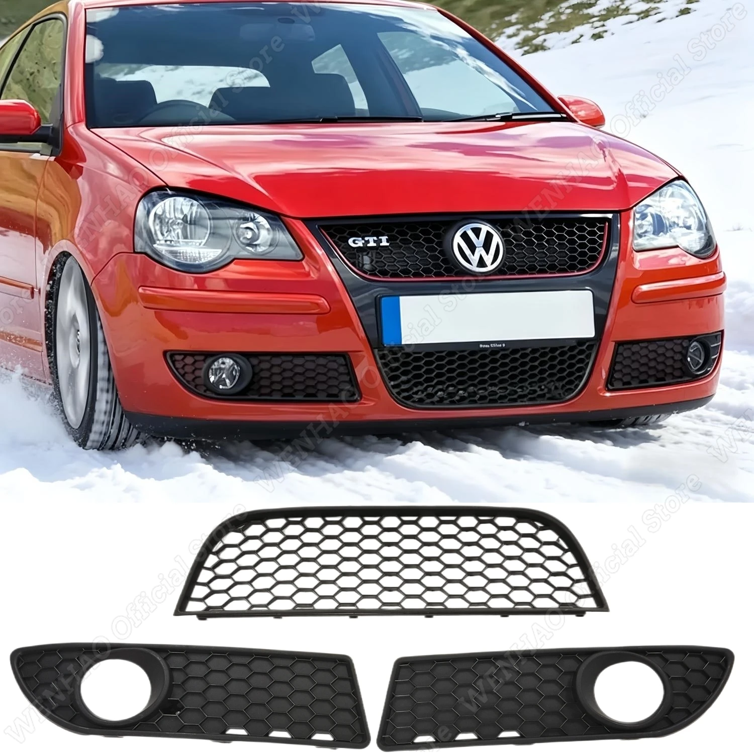 3-teiliger Nebelscheinwerfer-Abdeckungs-Set für VW POLO MK4 9N3 2006-2009 GTI, Mattschwarze Wabengrills, Tuning-Karosserie-Kit