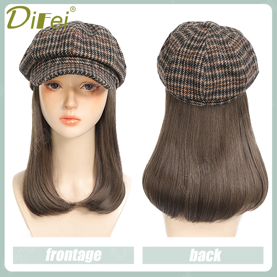 DIFEI Wig Hat One Female Synthetic Wig Autumn Winter Style Retro Exquisite Houndstooth Octagonal Hat Buckle Straight Hair Wig