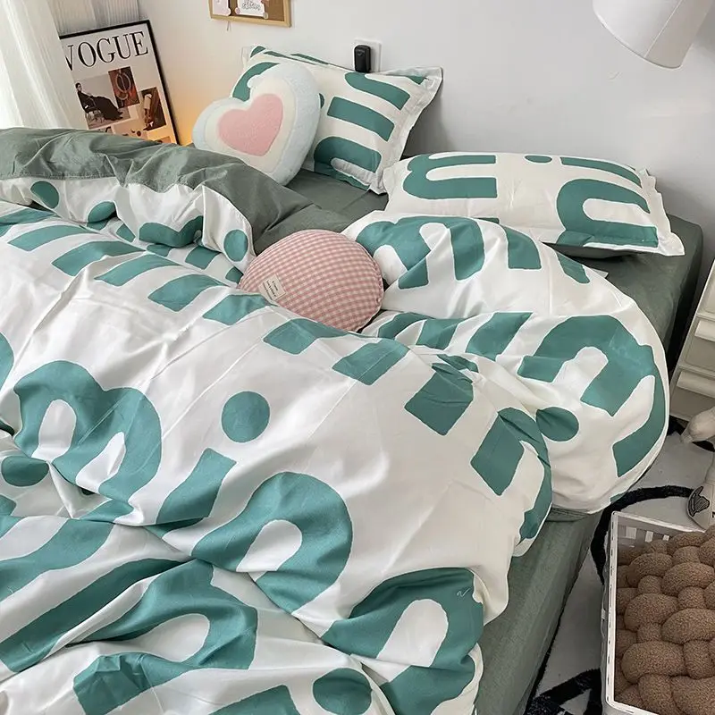 Korean Style Green Letter Bedding Set Twin Full Queen Size Bed Linen Girls Adult Bed Flat Sheet Pillowcase Kawaii Duvet Cover