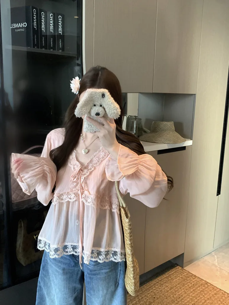 Kumikumi Design Long Sleeve Casual Shirt Women's Loose Versatile Translucent Spring Top Lace Lantern Sleeve V-neck