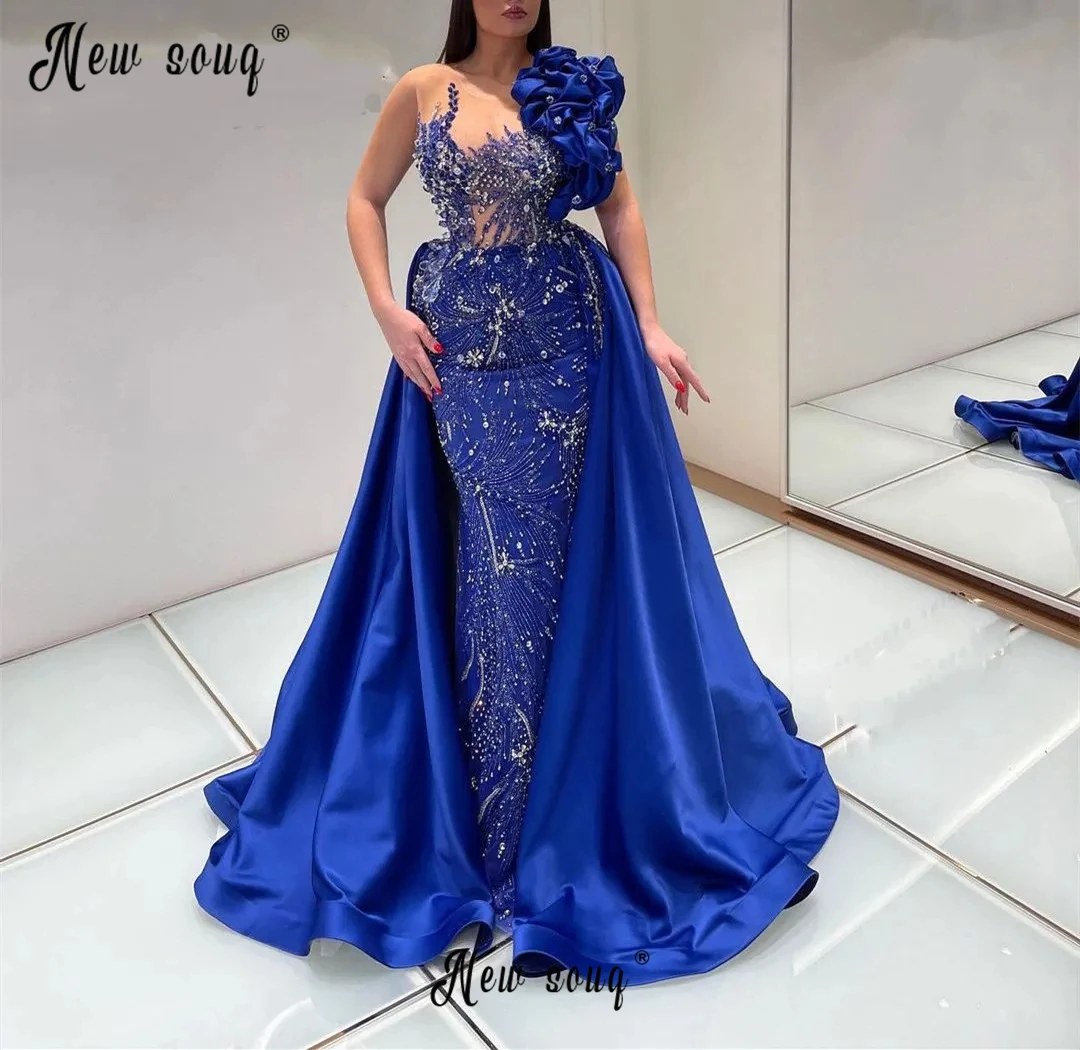 Ruffles Royal Blue Evening Dress With Detachable Train Dubai Beaded Prom Gowns Arabic Wedding Party Gowns Women Engagement Dress